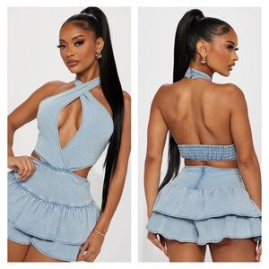 Fashion Nova Light Blue Denim Romper